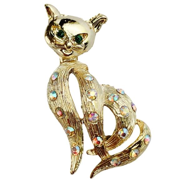 VTG Mid Century Creepy Cute Brooch Cat Figural Rhinestone Gold Tone Kitschy Pin - Picture 1 of 11